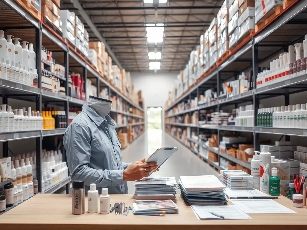 美盈仓库中整齐摆放的美业用品和工具，工作人员正在核对库存